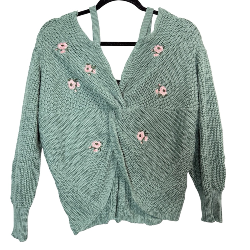 Almost Famous Top Size Large Mint Green Floral Knit Long Sleeve Top 100% Acrylic